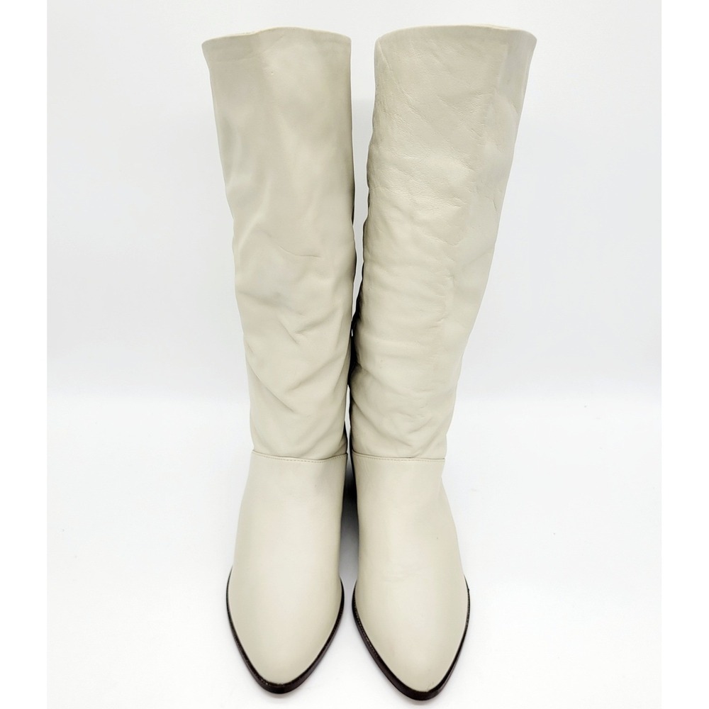 VTG Mister Argentina Cream Leather Slouchy Tall Boots Pointed Toe Low Heel 7.5B